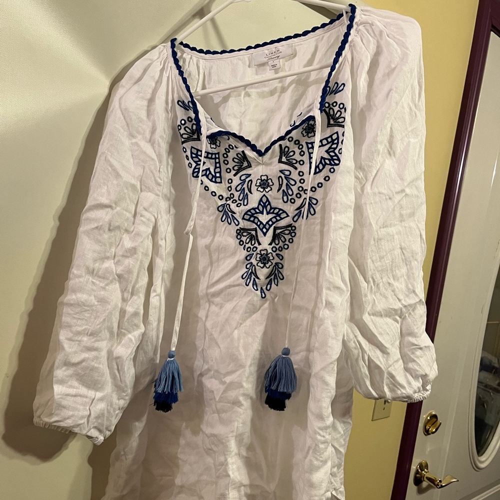 White Embroidered Blouse with Blue Accents